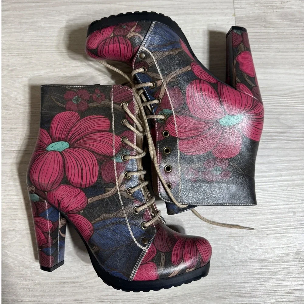 DOGO Floral Lace Up Heeled Ankle Boots Pink Blue Vegan Leather Size 38